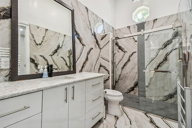 15715 Trousdale St, Clermont, FL 34715 - bathroom with tile walls, vanity, marble finish flooring, and a marble finish shower