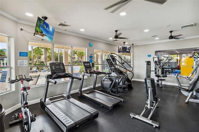 7763 Tosteth St, Kissimmee, FL 34747 - workout area with a ceiling fan, crown molding, recessed lighting, and a textured ceiling
