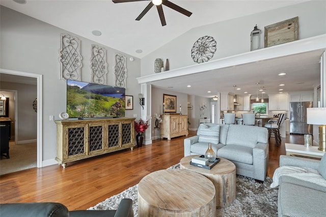 9070 Ron Den Ln, Windermere, FL 34786 - living room featuring ceiling fan, wood finished floors, and high vaulted ceiling
