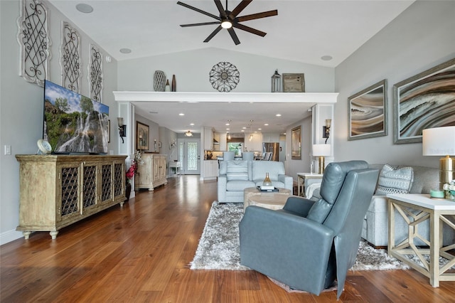 9070 Ron Den Ln, Windermere, FL 34786 - living room with ceiling fan, dark wood finished floors, and high vaulted ceiling