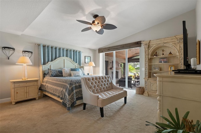 9070 Ron Den Ln, Windermere, FL 34786 - bedroom with access to outside, lofted ceiling, light colored carpet, and ceiling fan