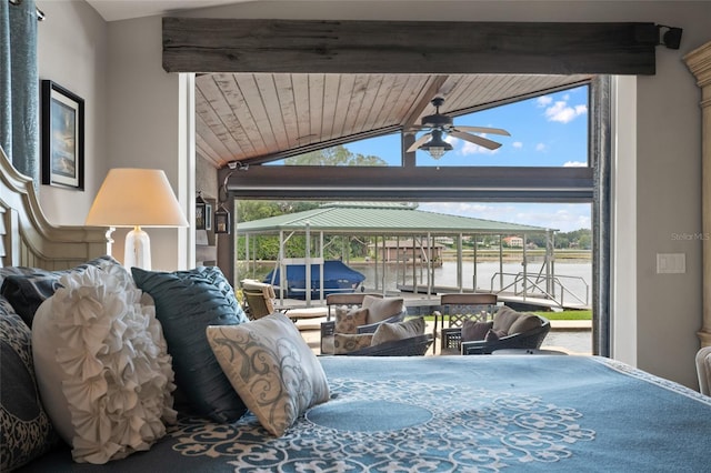 9070 Ron Den Ln, Windermere, FL 34786 - bedroom with access to outside, a water view, and wood ceiling