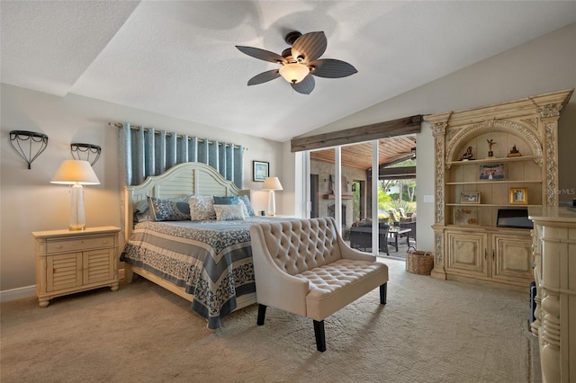 9070 Ron Den Ln, Windermere, FL 34786 - bedroom featuring access to outside, light colored carpet, lofted ceiling, and a ceiling fan