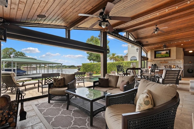9070 Ron Den Ln, Windermere, FL 34786 - view of patio / terrace featuring a ceiling fan, outdoor lounge area, a water view, and a gazebo