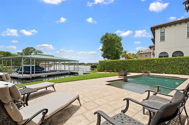 9070 Ron Den Ln, Windermere, FL 34786 - view of pool featuring a water view, a boat dock, boat lift, and a patio