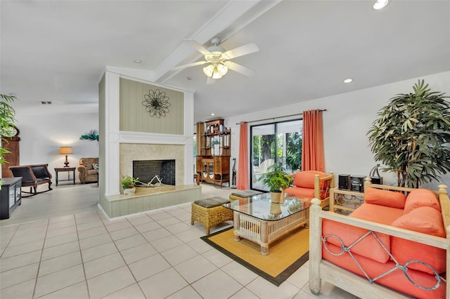 1238 Palmetto Rd, Eustis, FL 32726 - living room featuring a ceiling fan, a fireplace, tile patterned floors, and recessed lighting