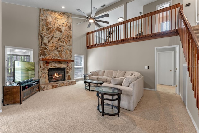 1041 Mccully Ct, Oviedo, FL 32765 - living area featuring a towering ceiling, carpet flooring, ceiling fan, plenty of natural light, and recessed lighting