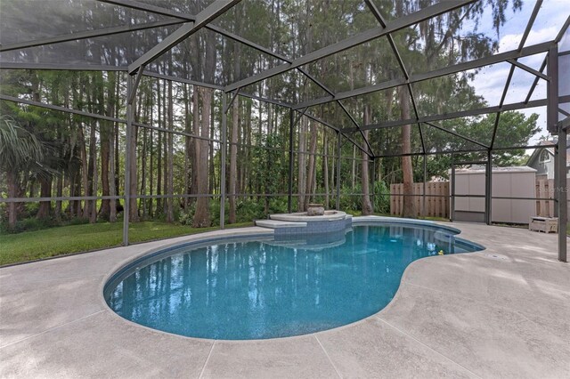 1041 Mccully Ct, Oviedo, FL 32765 - view of pool with a shed, a patio, a fenced backyard, and glass enclosure