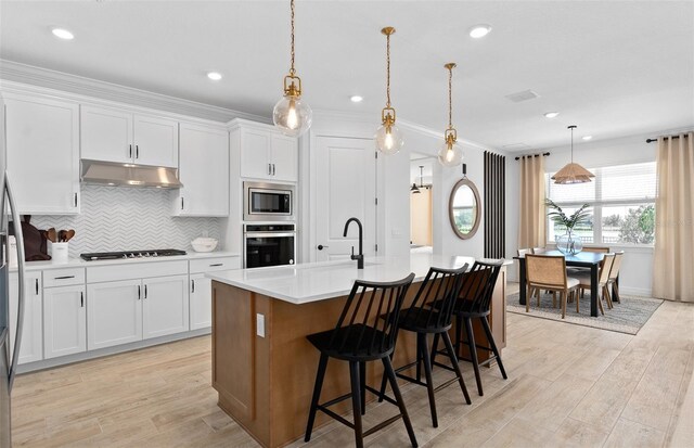 8267 Fenton St, Orlando, FL 32836 - kitchen with stainless steel appliances, under cabinet range hood, light countertops, light wood-style floors, and tasteful backsplash