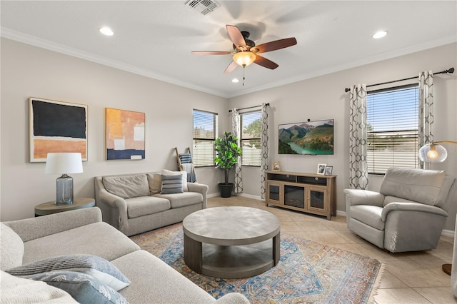 2018 Bay Clover Dr, Winter Garden, FL 34787 - living area with ceiling fan, light tile patterned floors, ornamental molding, and recessed lighting