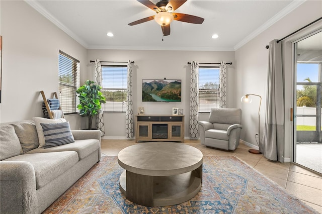 2018 Bay Clover Dr, Winter Garden, FL 34787 - living room featuring light tile patterned floors, healthy amount of natural light, a ceiling fan, crown molding, and recessed lighting