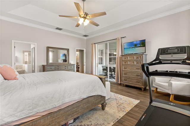 2018 Bay Clover Dr, Winter Garden, FL 34787 - bedroom featuring ornamental molding, dark wood finished floors, a ceiling fan, access to exterior, and ensuite bath