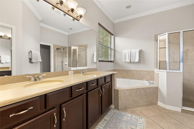 2018 Bay Clover Dr, Winter Garden, FL 34787 - full bath with a stall shower, a garden tub, double vanity, tile patterned flooring, and crown molding