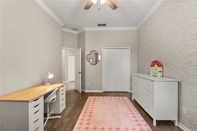 2018 Bay Clover Dr, Winter Garden, FL 34787 - office featuring ornamental molding, ceiling fan, and dark wood-type flooring