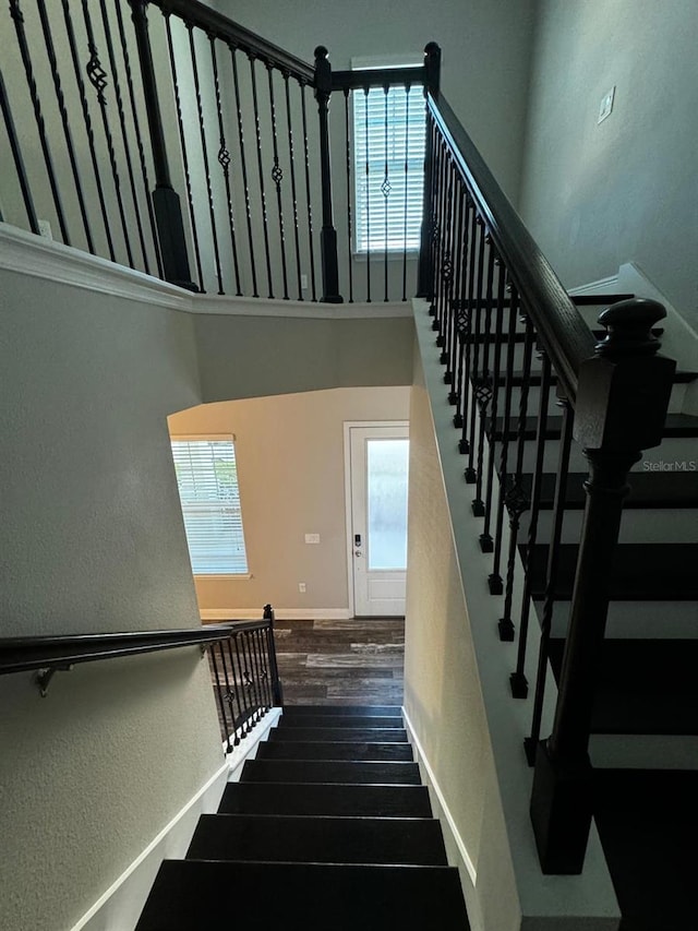 2435 Standing Rock Cir, Oakland, FL 34787 - stairway with plenty of natural light, a high ceiling, wood finished floors, and a textured wall