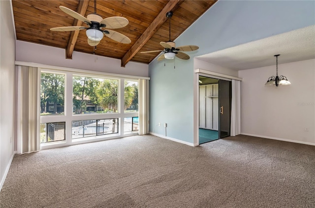 6019 Windhover Dr Unit C10-2, Orlando, FL 32819 - carpeted spare room featuring ceiling fan, a wooden ceiling with exposed beams, high vaulted ceiling, and a chandelier
