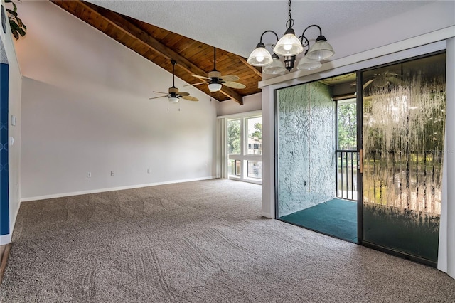 6019 Windhover Dr Unit C10-2, Orlando, FL 32819 - empty room featuring carpet floors, a chandelier, a wood ceiling with exposed beams, a ceiling fan, and high vaulted ceiling
