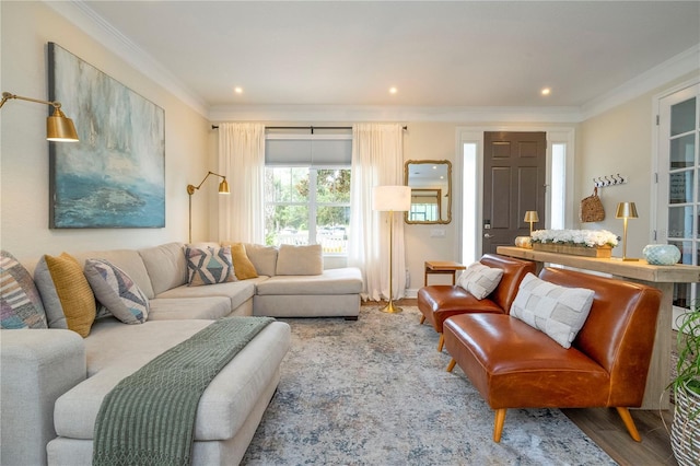 13235 Vennetta Way, Windermere, FL 34786 - living room with crown molding, wood finished floors, and recessed lighting