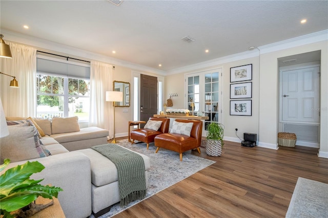 13235 Vennetta Way, Windermere, FL 34786 - living area with ornamental molding, dark wood-style floors, and recessed lighting