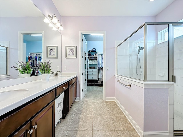 297 Shadow Ridge Trl, Ponte Vedra, FL 32081 - bathroom with a walk in closet, walk in shower, double vanity, and tile patterned flooring