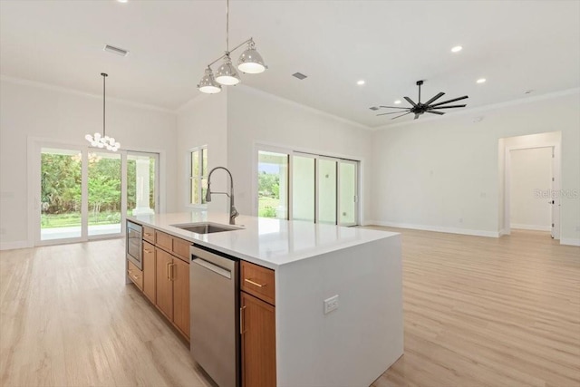 17 Old Oak Dr N, Palm Coast, FL 32137 - kitchen featuring dishwasher, ornamental molding, brown cabinetry, light wood-type flooring, and light countertops