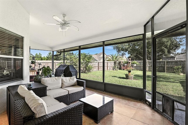 960 Falls Trl, Malabar, FL 32950 - sunroom / solarium with a ceiling fan, outdoor lounge area, lofted ceiling, and healthy amount of natural light