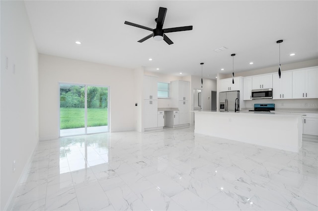 1157 W Hancock Dr, Deltona, FL 32725 - unfurnished living room featuring light marble finish flooring, recessed lighting, and ceiling fan