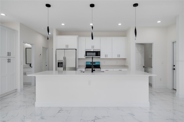 1157 W Hancock Dr, Deltona, FL 32725 - kitchen featuring stainless steel refrigerator with ice dispenser, light marble finish flooring, recessed lighting, a center island with sink, and light countertops