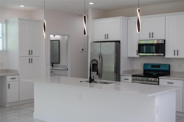 1157 W Hancock Dr, Deltona, FL 32725 - kitchen with stainless steel appliances, light marble finish flooring, an island with sink, white cabinets, and recessed lighting