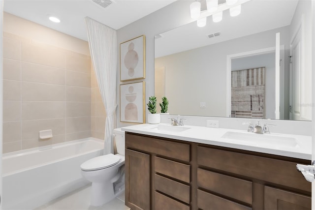 2302 Southbury Dr, Kissimmee, FL 34744 - full bath featuring double vanity, shower / bath combination with curtain, and tile patterned floors
