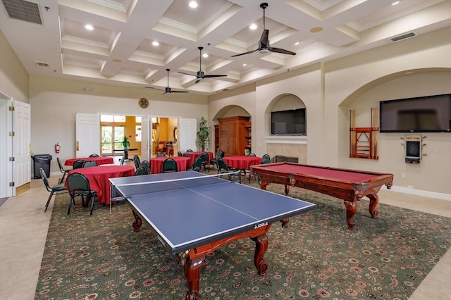 4216 Fawn Meadows Cir, Clermont, FL 34711 - recreation room with coffered ceiling, beam ceiling, ornamental molding, recessed lighting, and pool table