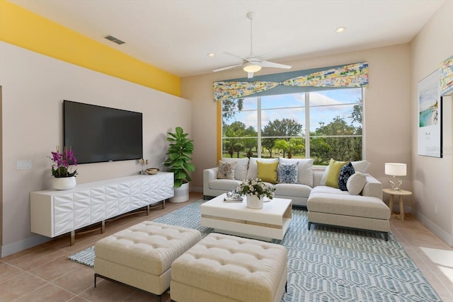 4216 Fawn Meadows Cir, Clermont, FL 34711 - living room featuring light tile patterned floors, ceiling fan, and recessed lighting