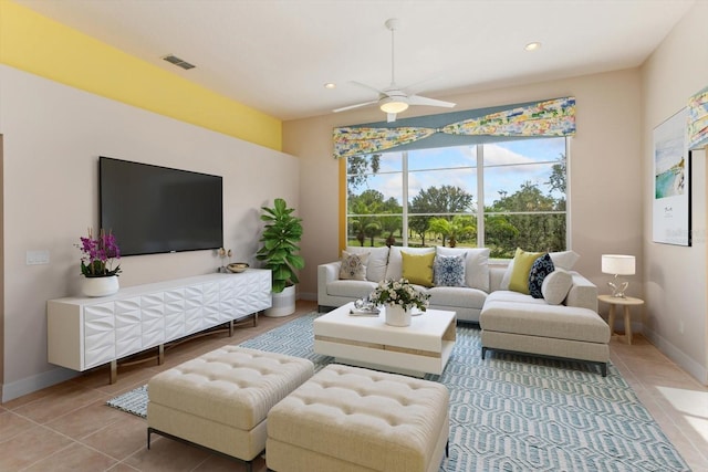 4216 Fawn Meadows Cir, Clermont, FL 34711 - tiled living room with a ceiling fan and recessed lighting