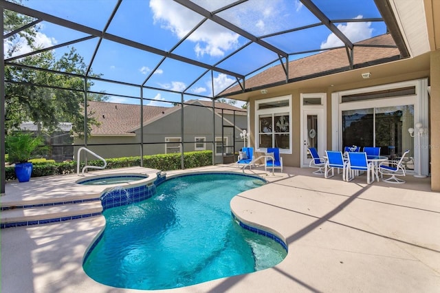 4216 Fawn Meadows Cir, Clermont, FL 34711 - view of pool featuring a patio, a pool with connected hot tub, and glass enclosure