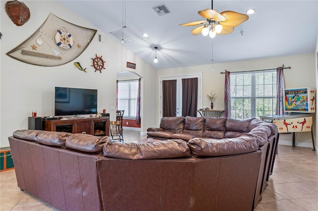 859 Leather Fern Ln, Mims, FL 32754 - living room with light tile patterned floors, plenty of natural light, vaulted ceiling, ceiling fan, and recessed lighting