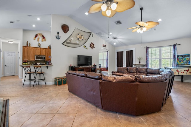 859 Leather Fern Ln, Mims, FL 32754 - living area featuring a ceiling fan, light tile patterned floors, high vaulted ceiling, and recessed lighting