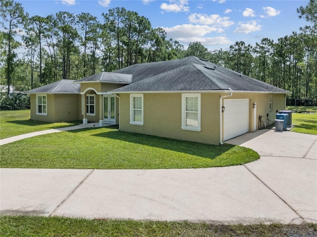 859 Leather Fern Ln, Mims, FL 32754 - ranch-style house featuring french doors, concrete driveway, stucco siding, and an attached garage