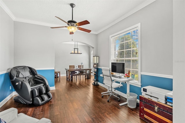 4323 Kezar Ct, Belle Isle, FL 32812 - office featuring ceiling fan, hardwood / wood-style floors, crown molding, arched walkways, and a chandelier