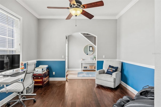 4323 Kezar Ct, Belle Isle, FL 32812 - office area with arched walkways, hardwood / wood-style flooring, ornamental molding, and ceiling fan