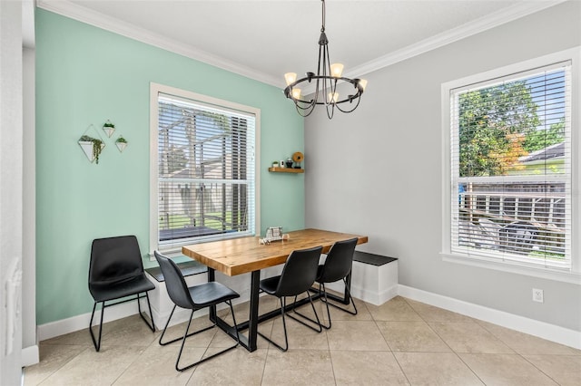 4323 Kezar Ct, Belle Isle, FL 32812 - dining space featuring ornamental molding, healthy amount of natural light, a chandelier, and light tile patterned flooring