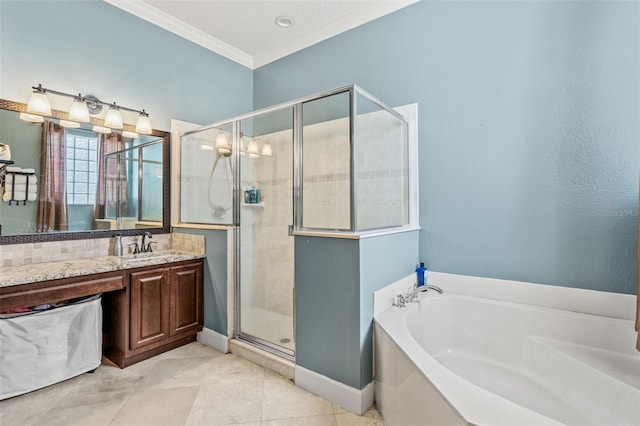4323 Kezar Ct, Belle Isle, FL 32812 - full bath featuring a bath, vanity, a shower stall, ornamental molding, and tile patterned floors