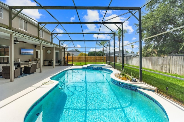 4323 Kezar Ct, Belle Isle, FL 32812 - view of swimming pool featuring ceiling fan, a patio, a fenced backyard, outdoor lounge area, and glass enclosure