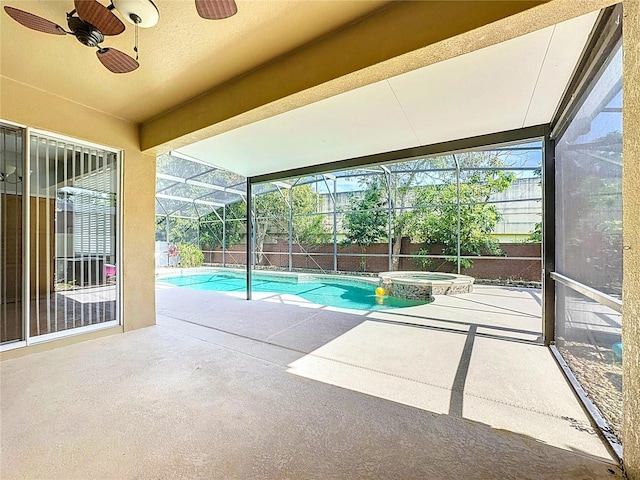 229 Largovista Dr, Oakland, FL 34787 - view of pool with a pool with connected hot tub, a patio area, a ceiling fan, a fenced backyard, and glass enclosure