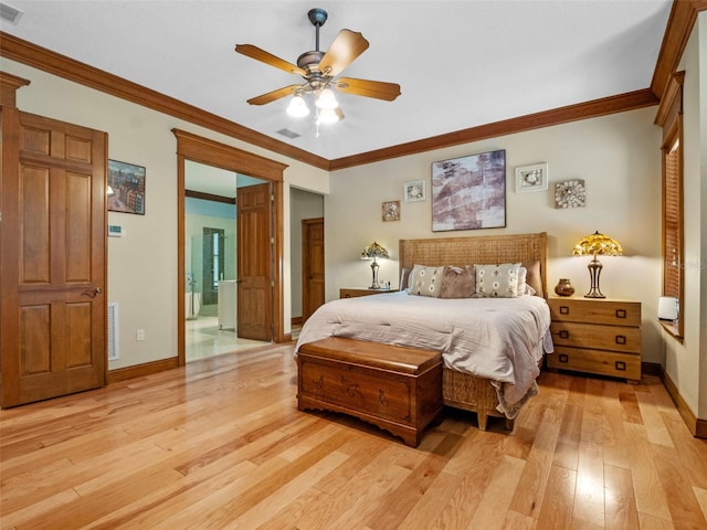 9045 Mossy Oak Ln, Clermont, FL 34711 - bedroom with light wood finished floors, ornamental molding, ensuite bath, and a ceiling fan