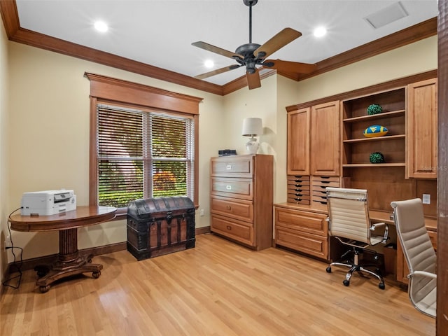 9045 Mossy Oak Ln, Clermont, FL 34711 - home office with crown molding, light wood-style flooring, ceiling fan, and recessed lighting