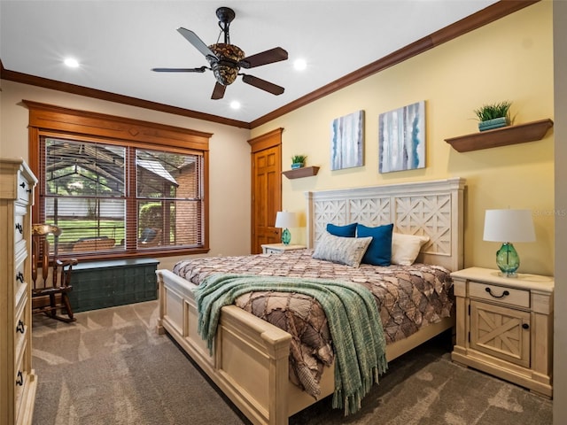 9045 Mossy Oak Ln, Clermont, FL 34711 - bedroom featuring dark colored carpet, crown molding, recessed lighting, and ceiling fan