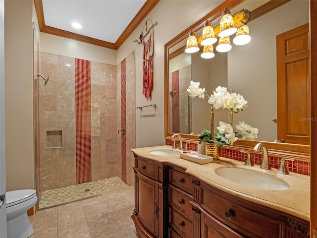 9045 Mossy Oak Ln, Clermont, FL 34711 - full bathroom with double vanity, crown molding, a tile shower, a chandelier, and decorative backsplash