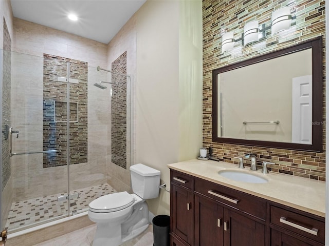 9045 Mossy Oak Ln, Clermont, FL 34711 - full bathroom with vanity, a shower stall, backsplash, and recessed lighting