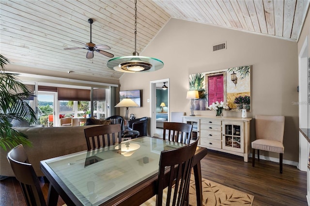 1339 Villa Ln Unit 50, Apopka, FL 32712 - dining space with wooden ceiling, dark wood-type flooring, high vaulted ceiling, and ceiling fan