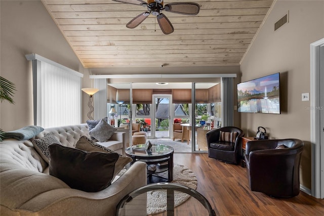 1339 Villa Ln Unit 50, Apopka, FL 32712 - living area featuring wooden ceiling, vaulted ceiling, wood finished floors, and a ceiling fan